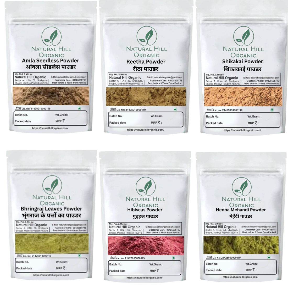 Herbal Hair Care Combo Powder Amla Reetha Shikakai Bhringraj Hibiscus Henna Mehandi Powder - Natural Hill Organic | 900g (150x6)