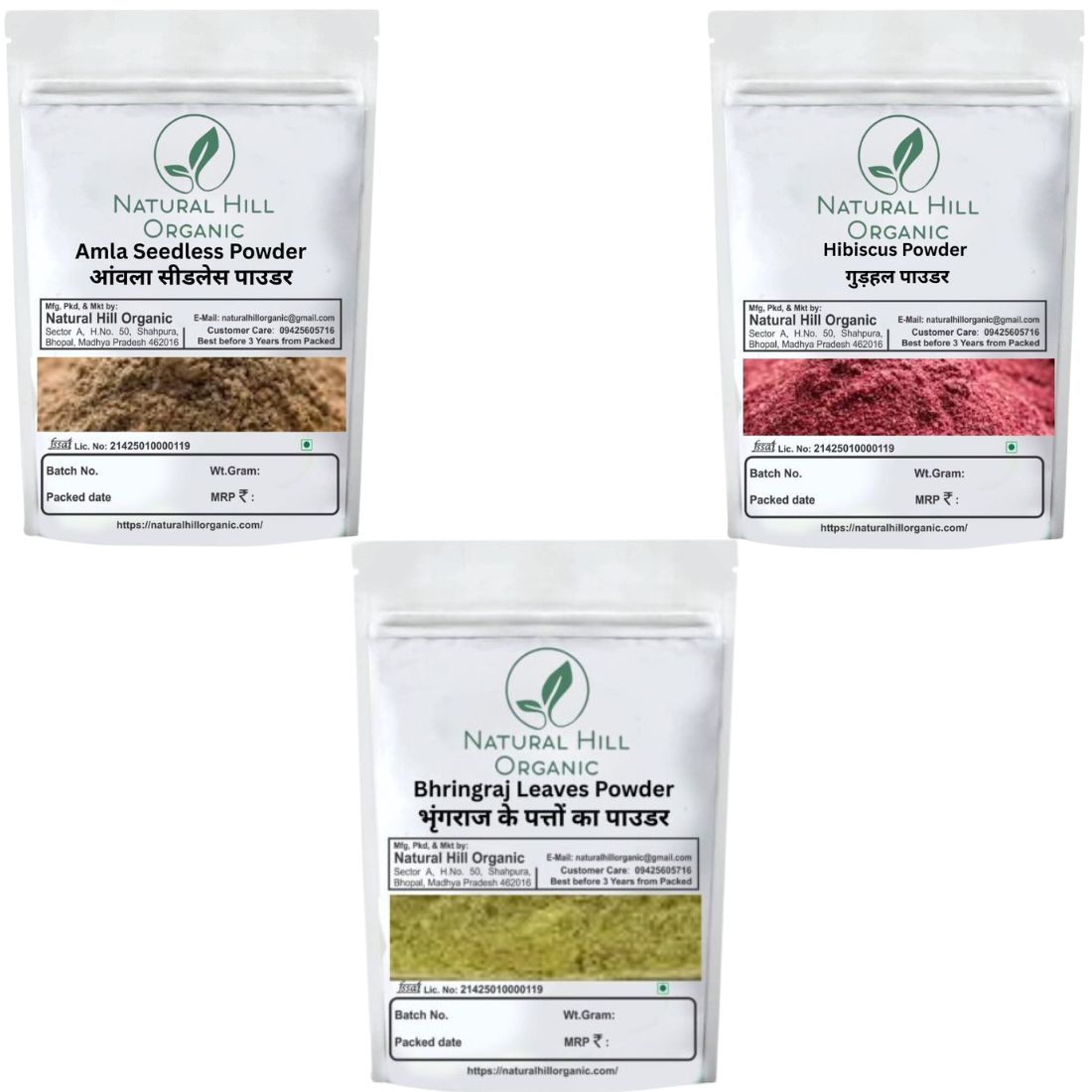 Herbal Hair Care Combo Powder Amla Hibiscus Bhringraj Powder - Natural Hill Organic | 150g (50x3)