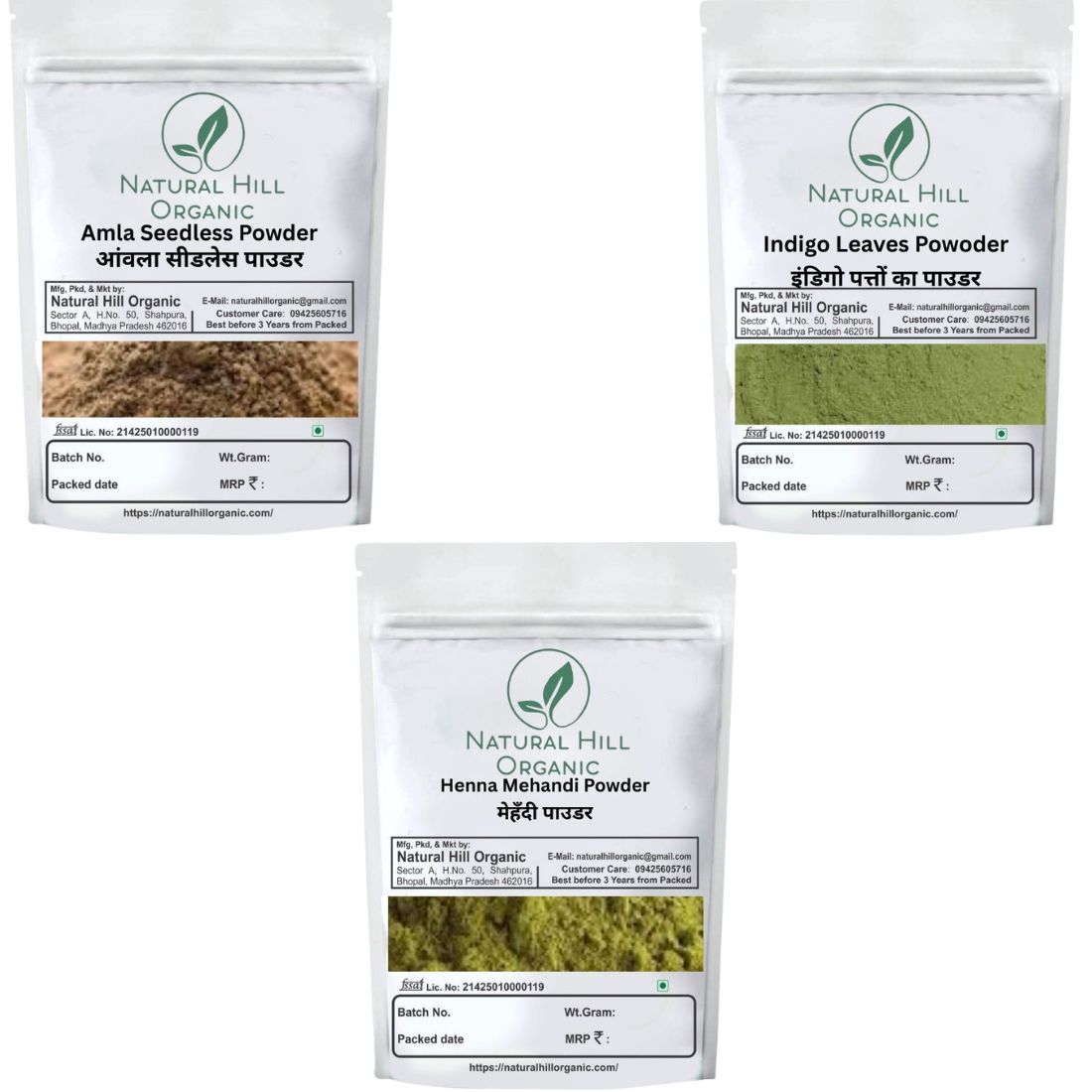 Herbal Hair Care Combo Powder Amla Indigo Henna Powder - Natural Hill Organic | 450g (150x3)
