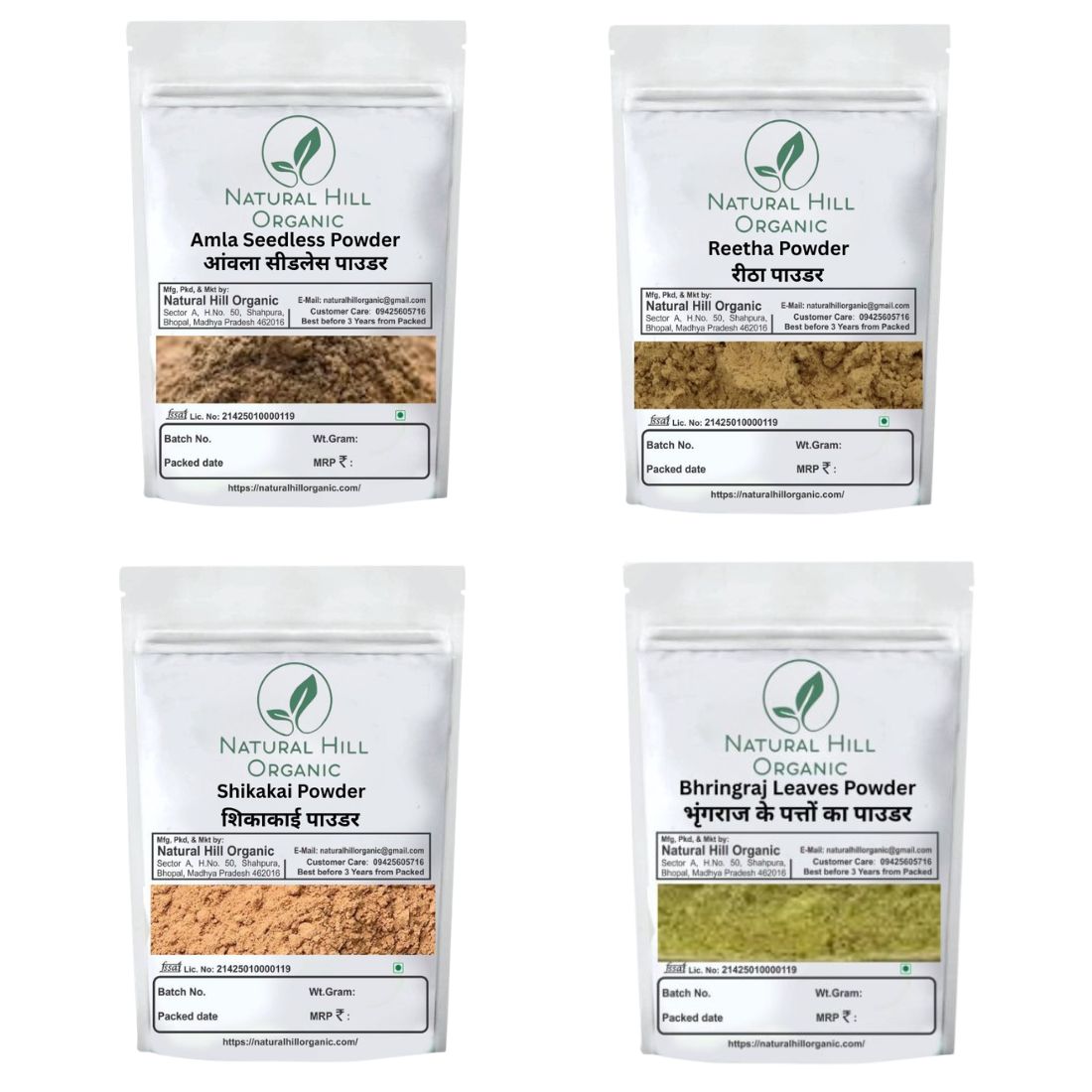 Herbal Hair Care Combo Powder Amla Reetha Shikakai Bhringraj Powder - Natural Hill Organic | 200g (50x4)