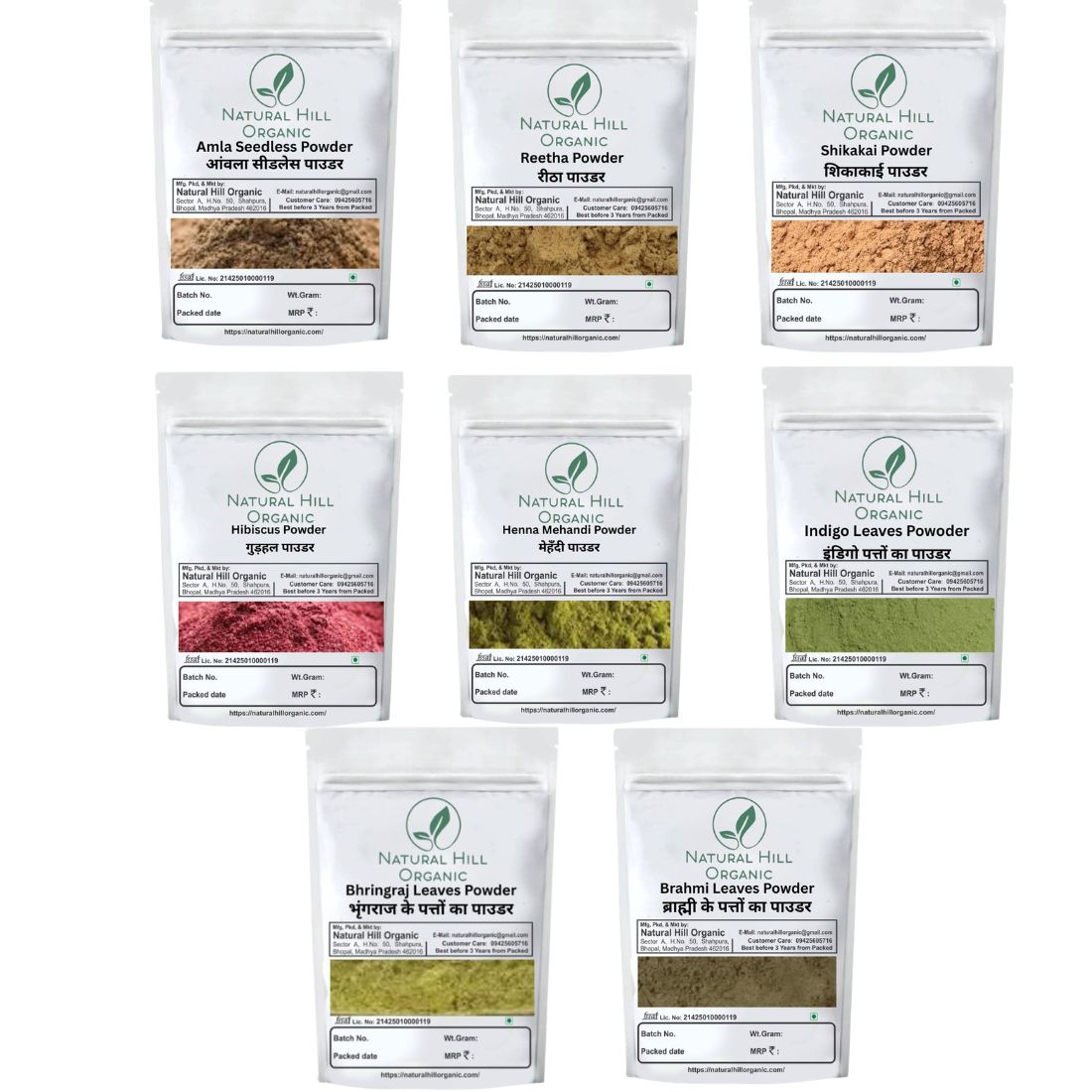 Herbal Hair Care Combo Powder Amla Reetha Shikakai Hibiscus Henna Indigo Bhringraj Brahmi Powder - Natural Hill Organic | 1200g (150x8)