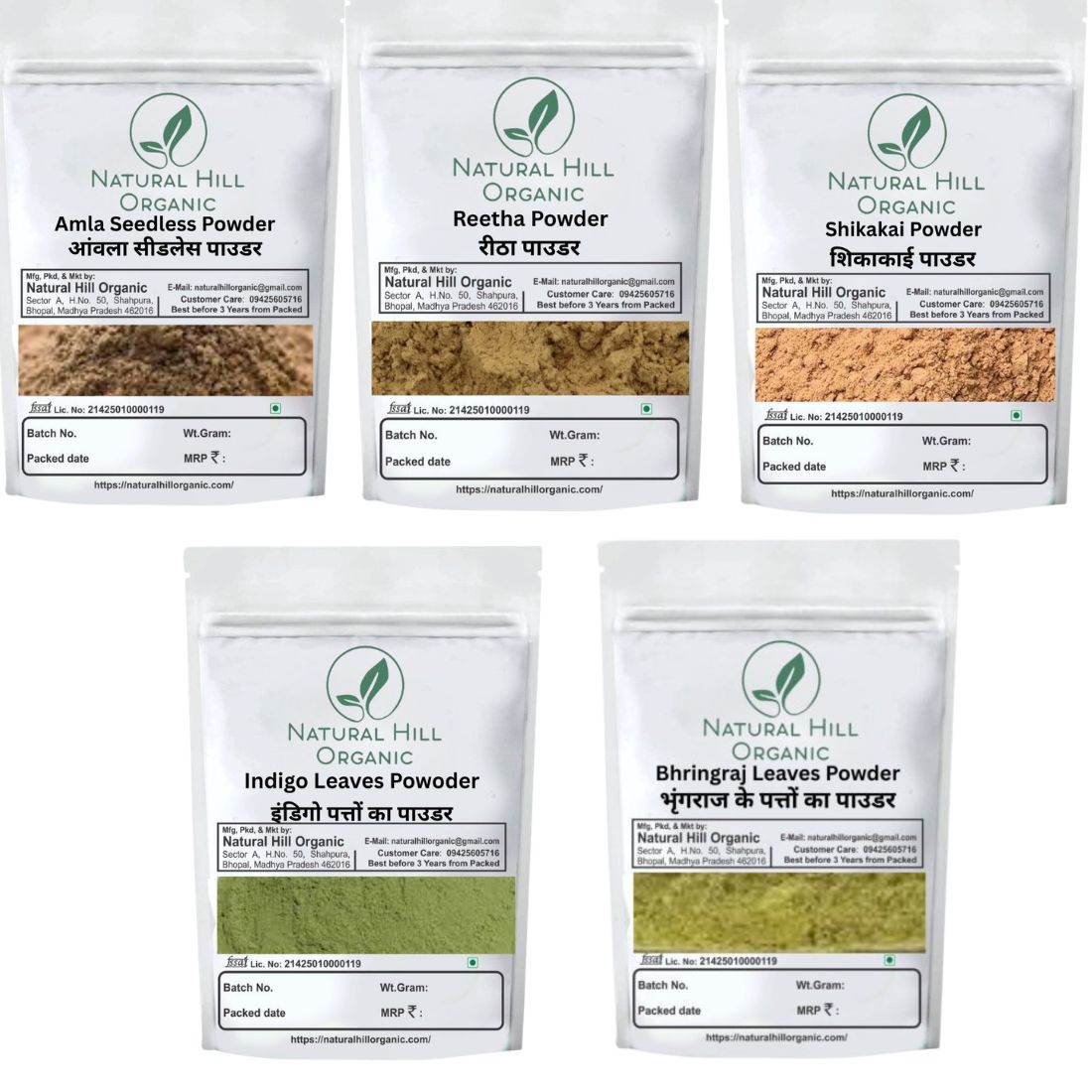 Herbal Hair Care Combo Powder Amla Reetha Shikakai Indigo Bhringraj Powder - Natural Hill Organic | 750g (150x5)