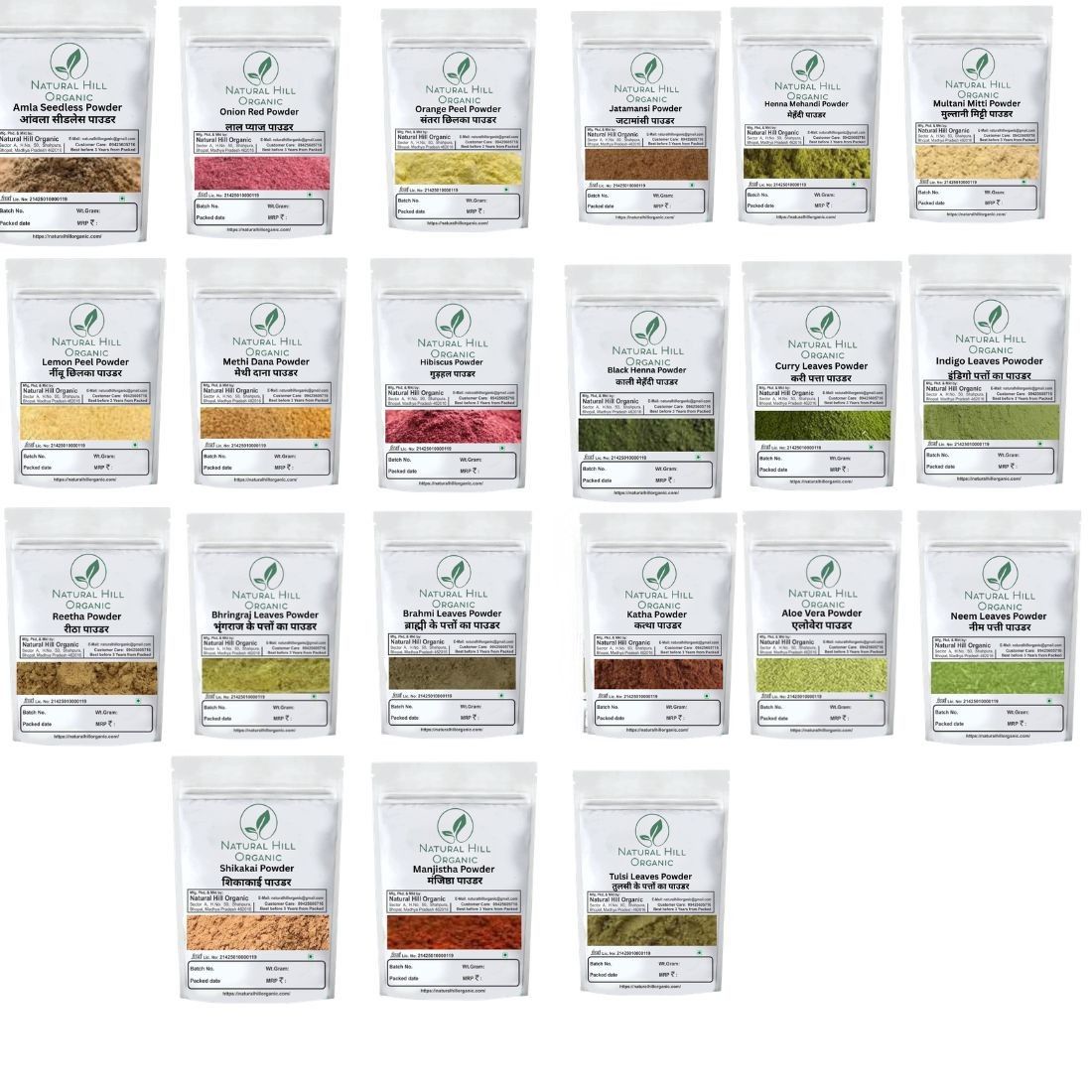 Herbal Hair Care Combo Powder Amla Powder Reetha Shikakai Onion Red Orange Peel Lemon Peel Jatamansi Methi Dana Hibiscus Black Heena Green Heena Multani Mitti Curry Leaves Indigo Leaves Bhringraj Brahmi Leaves Katha Alovera Neem Leaves Manjistha Tulsi Leaves Powder - Natural Hill Organic | 1050g (50x21)