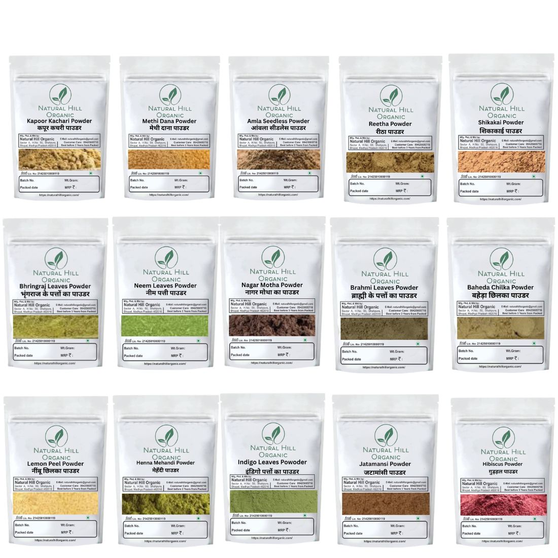 Herbal Hair Care Combo Powder Kapoor Kachari Methi Dana Amla Reetha Shikakai Bhringraj Neem Leaves Nagarmotha Brahmi Baheda Lemon Peel Henna Indigo Jatamansi Hibiscus Powder - Natural Hill Organic | 2250g (150x15)