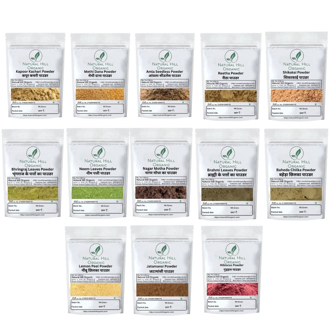 Herbal Hair Care Combo Powder Kapoor Kachari Methi Dana Amla Reetha Shikakai Bhringraj Neem Leaves Nagarmotha Brahmi Baheda Lemon Peel Jatamansi Hibiscus Powder - Natural Hill Organic | 650g (50x13)