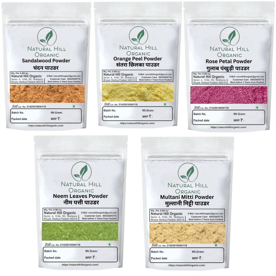 Herbal Skin Care Combo Powder Sandalwood Orange Peel Rose Petal Neem Leaves Multani Mitti Powder - Natural Hill Organic | 750g (150x5)