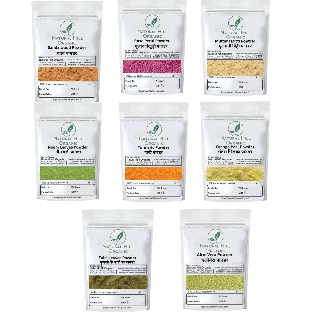 Herbal Skin Care Combo Powder Sandalwood Rose Petal Multani Mitti Neem Leaves Turmeric Orange Peel Tulsi Leaves Aloevera Powder - Natural Hill Organic | 1200g (150x8)