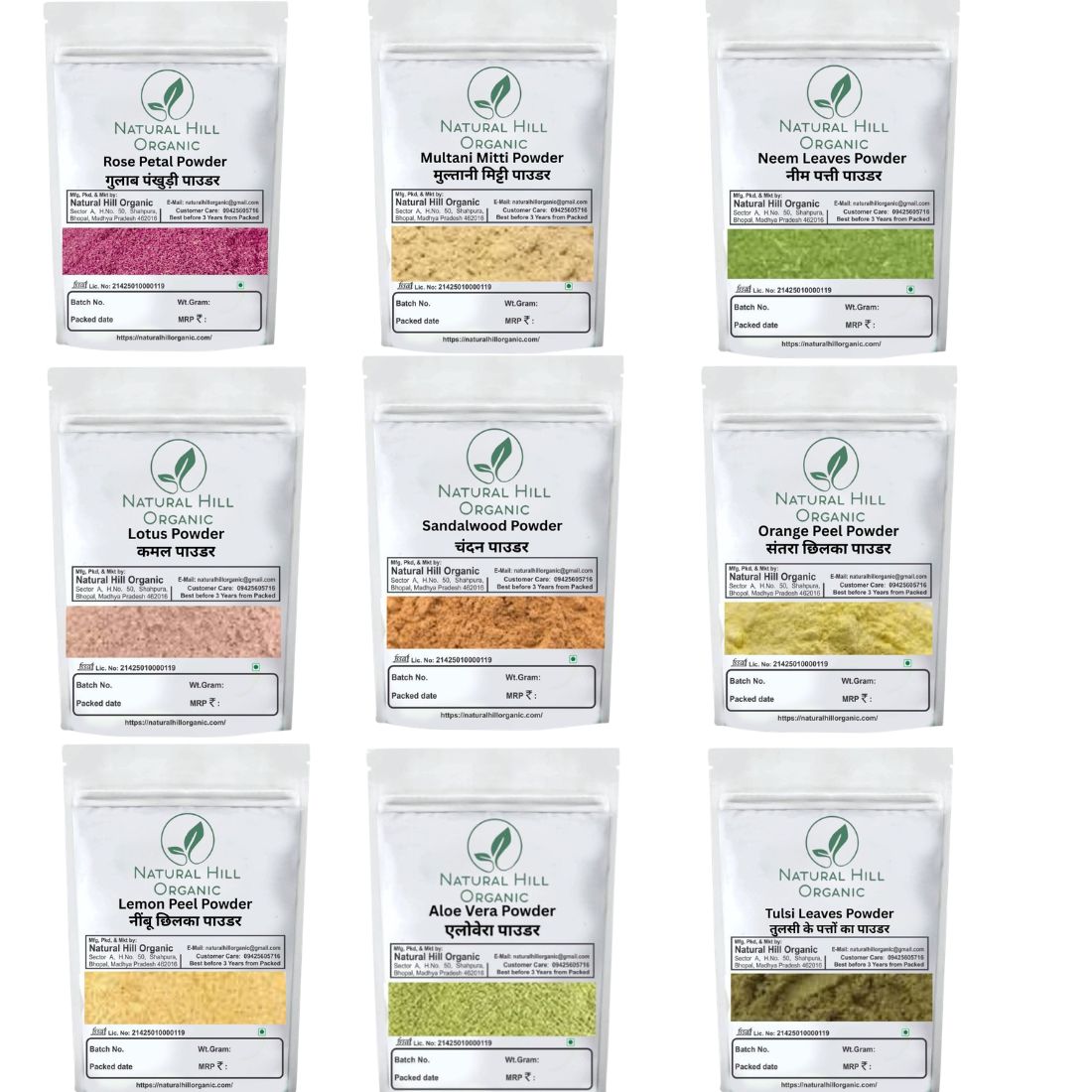 Herbal Skin Care Combo Powder Rose Petal Multani Mitti Neem Lotus Sandalwood Orange Peel Lemon Peel Aloevera Tulsi Powder - Natural Hill Organic | 1350g (150x9)